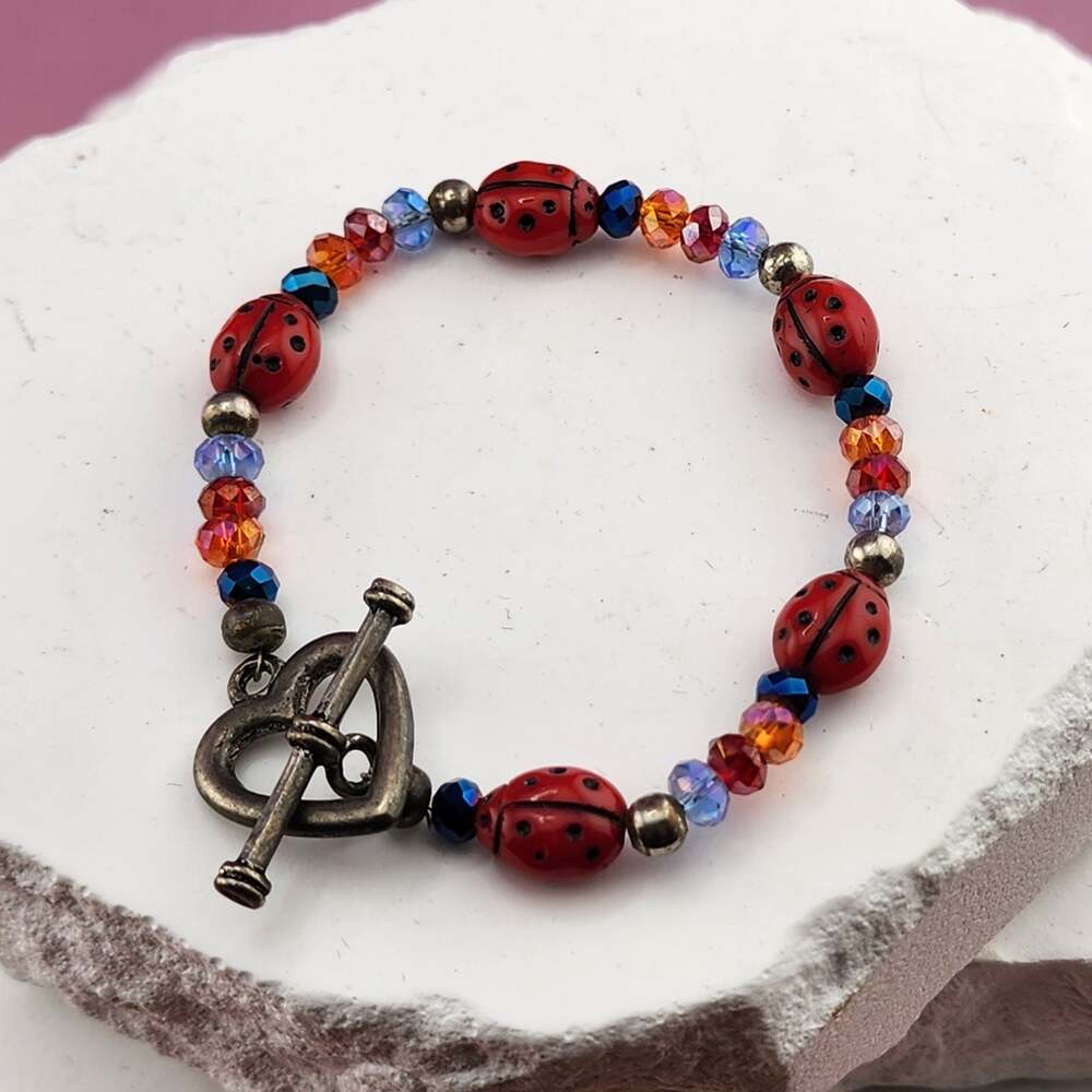 Red Ladybug Multicolor Faceted Bead Bracelet Silver Tone Toggle Whimsical